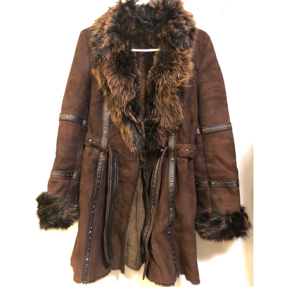 100% Brown Shearling Coat with stud detail